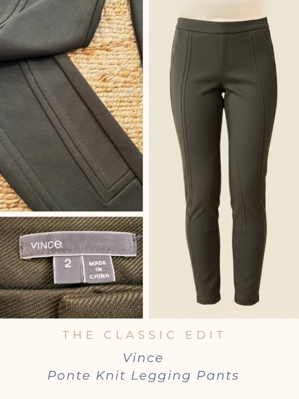 Vince Structured Ponte Legging Pants |  Seamed Detail |  Slim Stretch | Espresso